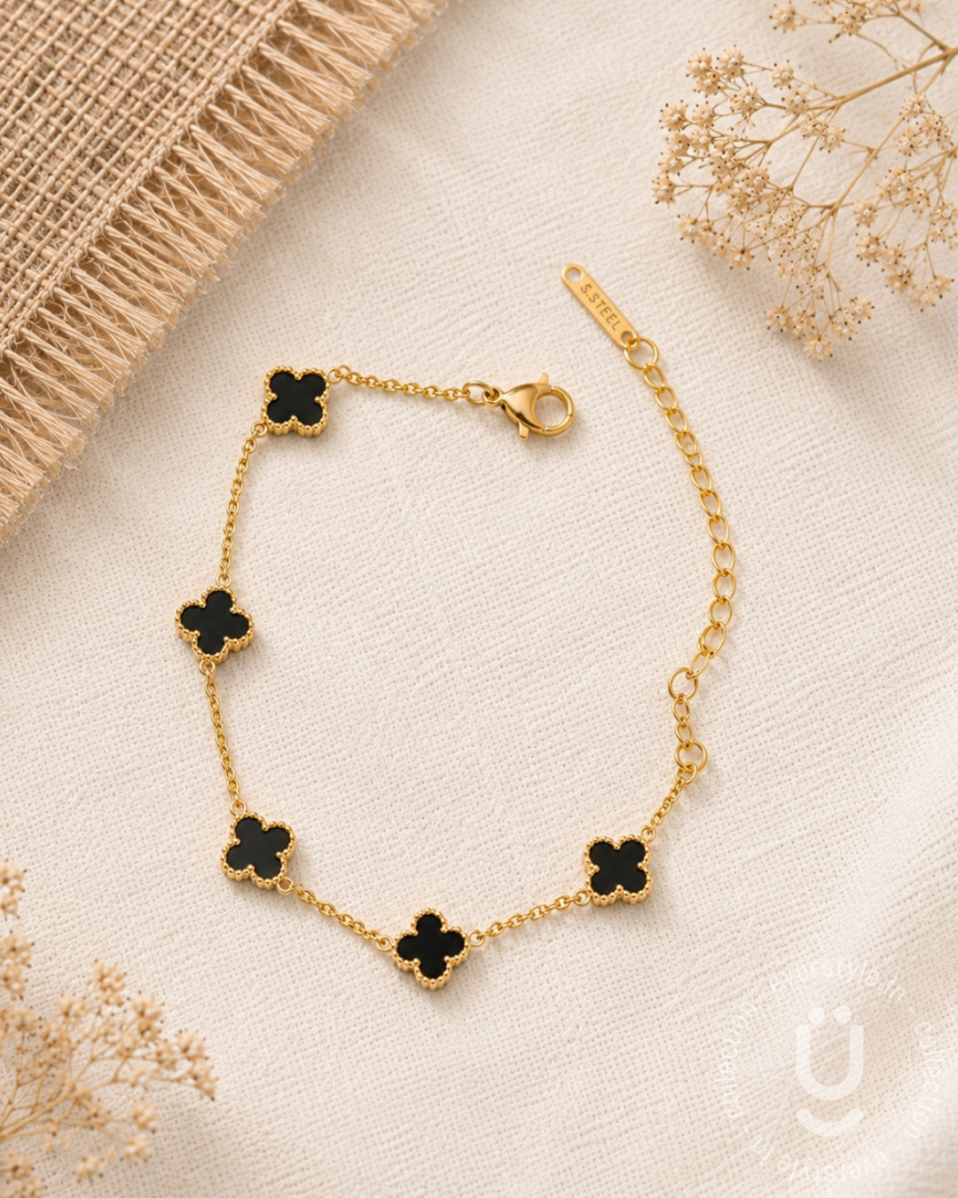 Anti-Tarnish Gold Black Clover Adjustable Bracelet