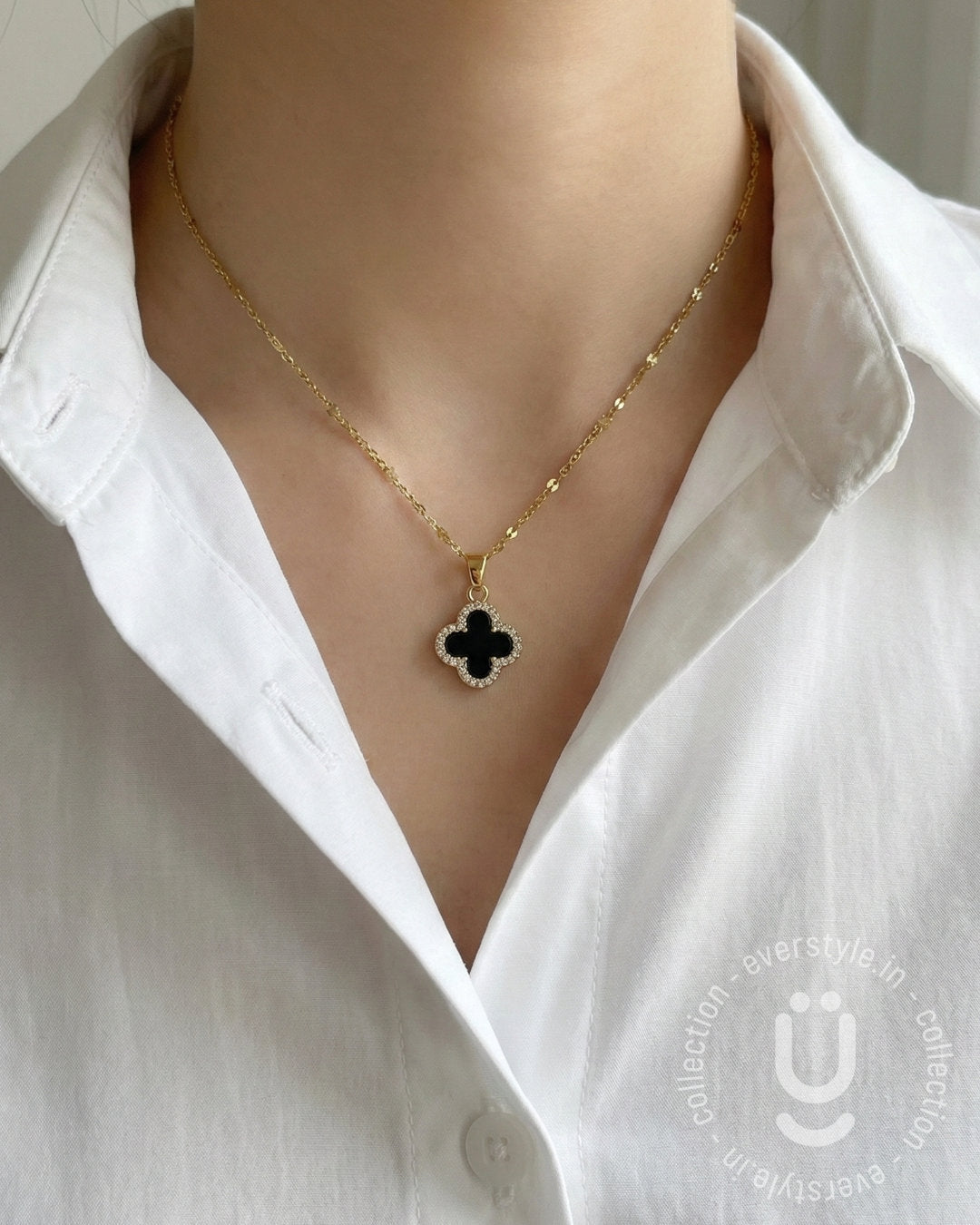 Anti-Tarnish Gold Double Side Black & White Stone Pendant Necklace