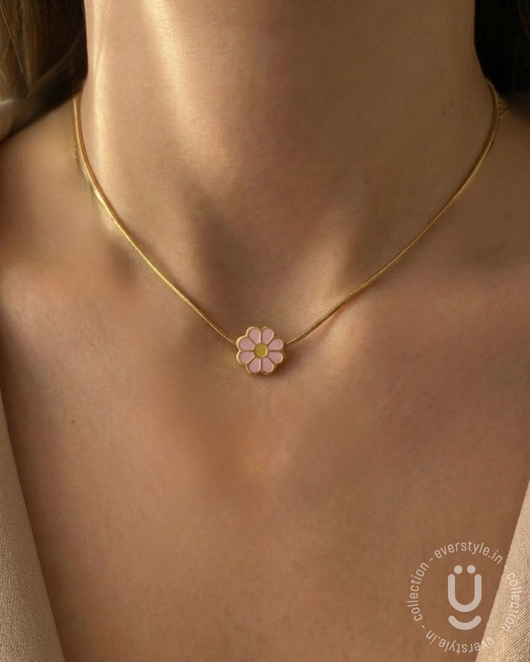 Anti-Tarnish Gold Pink Daisy Flower Pendant Necklace