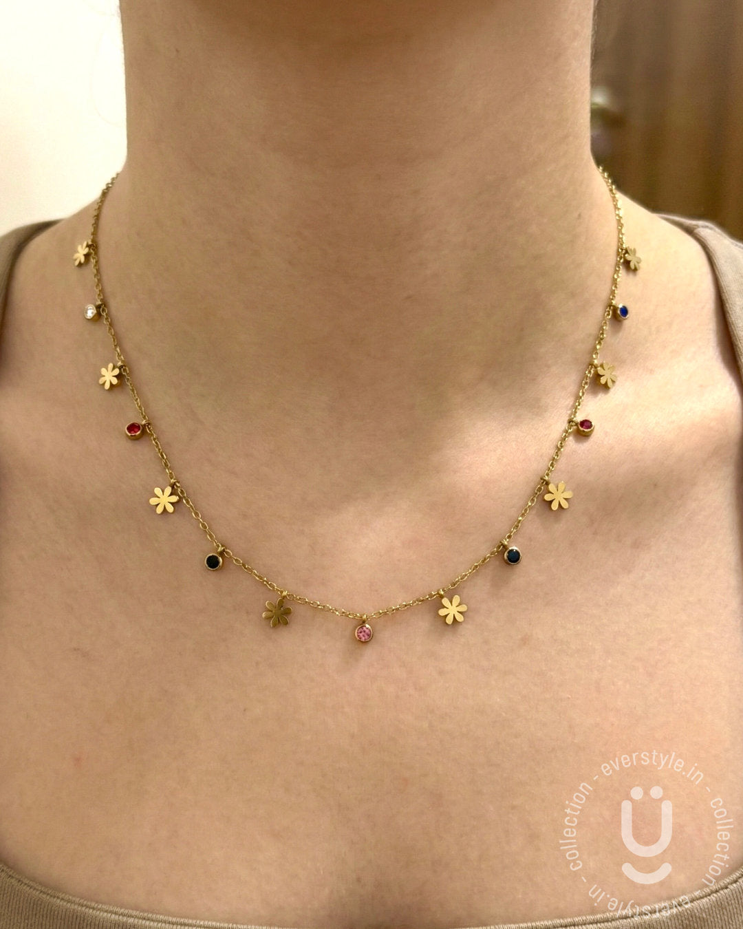 Anti-Tarnish Gold Flower Multi Stone Necklace