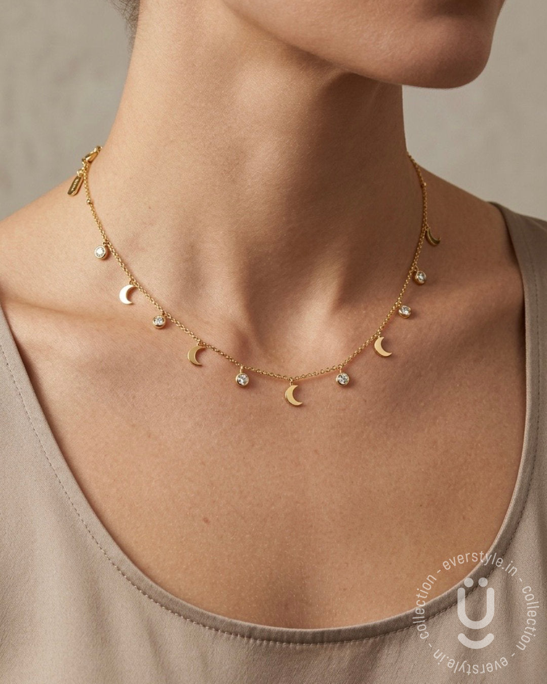 Anti-Tarnish Gold Moon White Stone Necklace