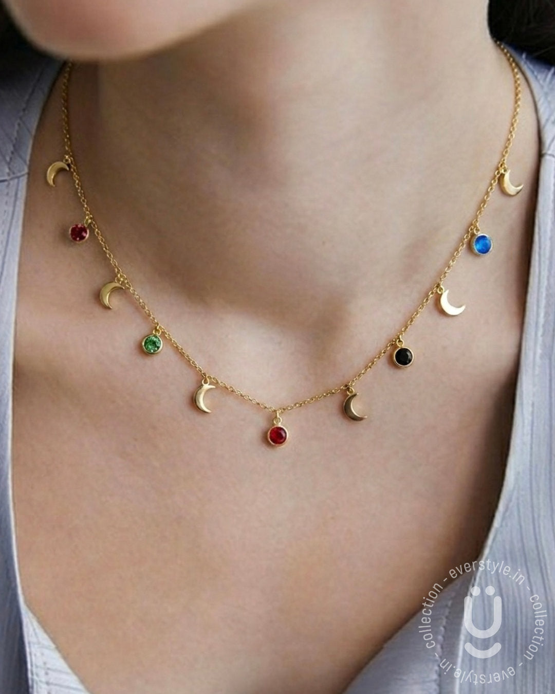 Anti-Tarnish Gold Moon Multi Stone Necklace
