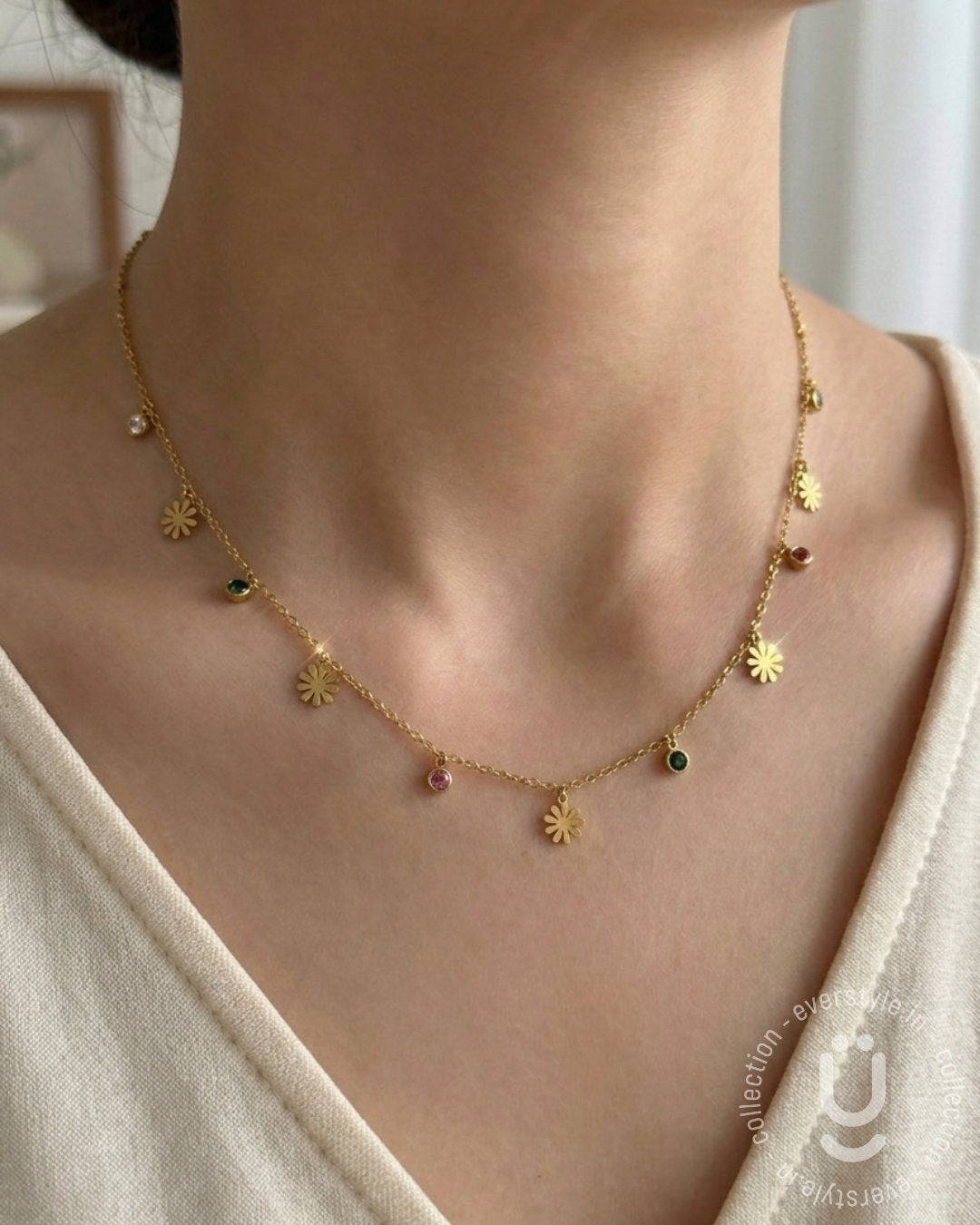 Anti-Tarnish Gold Flower Multi Stone Necklace