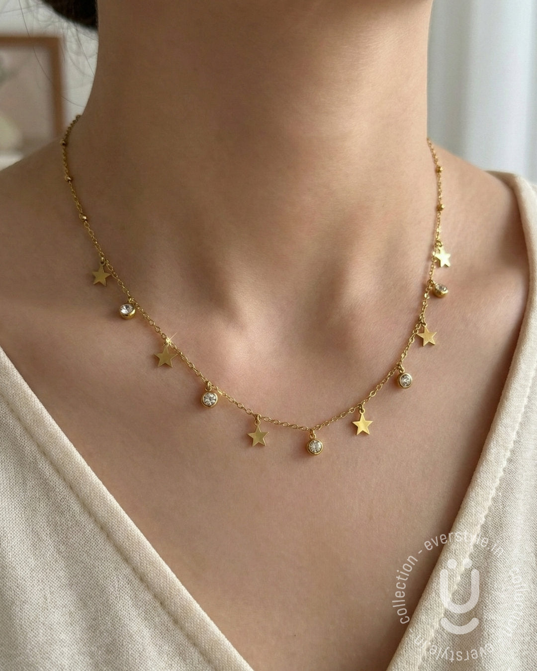 Anti-Tarnish Gold Star White Stone Necklace